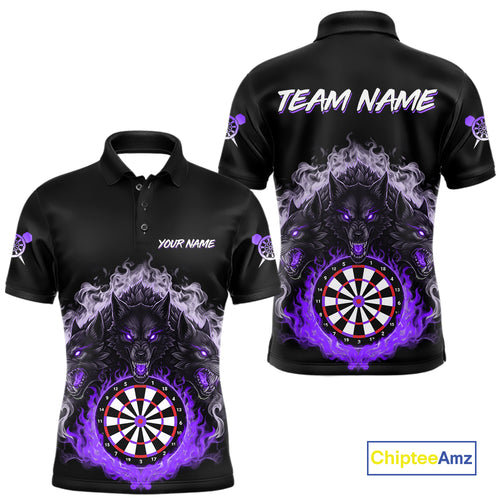 Grey And Purple Flames Wolf Custom Men's Funny Dart Polo Shirts Team Dart League Jerseys NYN2080