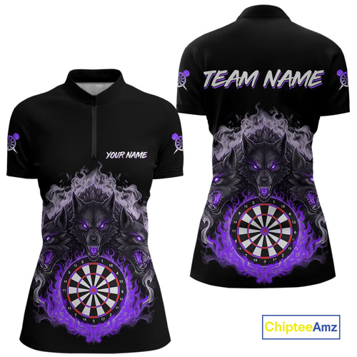 Grey And Purple Flames Wolf Custom Women's Funny Dart Quarter-Zip Shirts Team Dart League Jerseys NYN2080