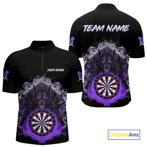 Grey And Purple Flames Wolf Custom Men's Funny Dart Quarter-Zip Shirts Team Dart League Jerseys NYN2080