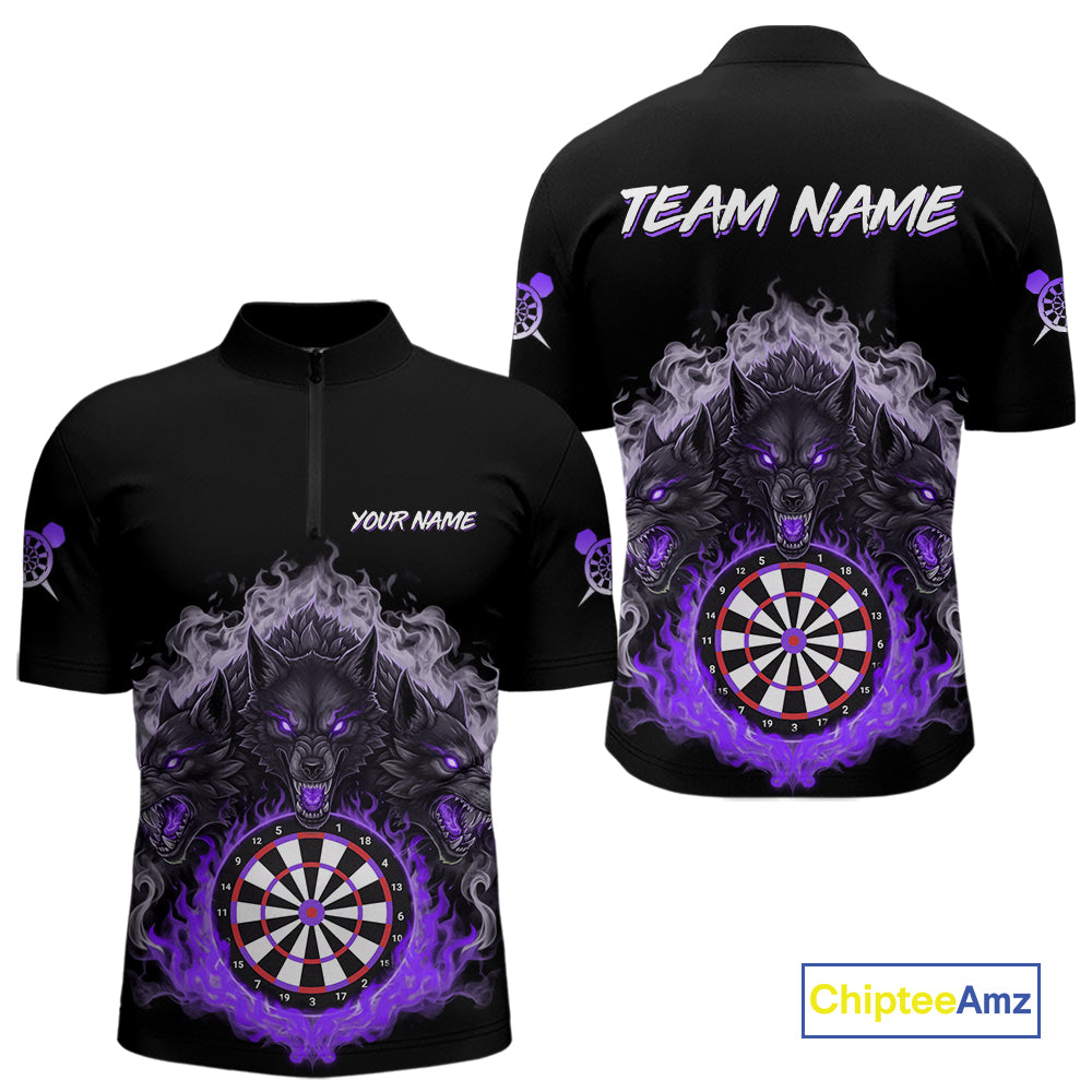 Grey And Purple Flames Wolf Custom Men's Funny Dart Quarter-Zip Shirts Team Dart League Jerseys NYN2080