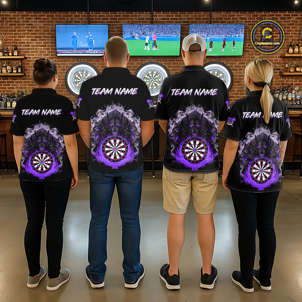 Grey And Purple Flames Wolf Custom Men's Funny Dart Polo Shirts Team Dart League Jerseys NYN2080