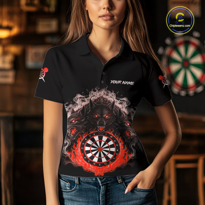 Grey And Red Flames Wolf Custom Women's Funny Dart Polo Shirts Team Dart League Jerseys NYN2081