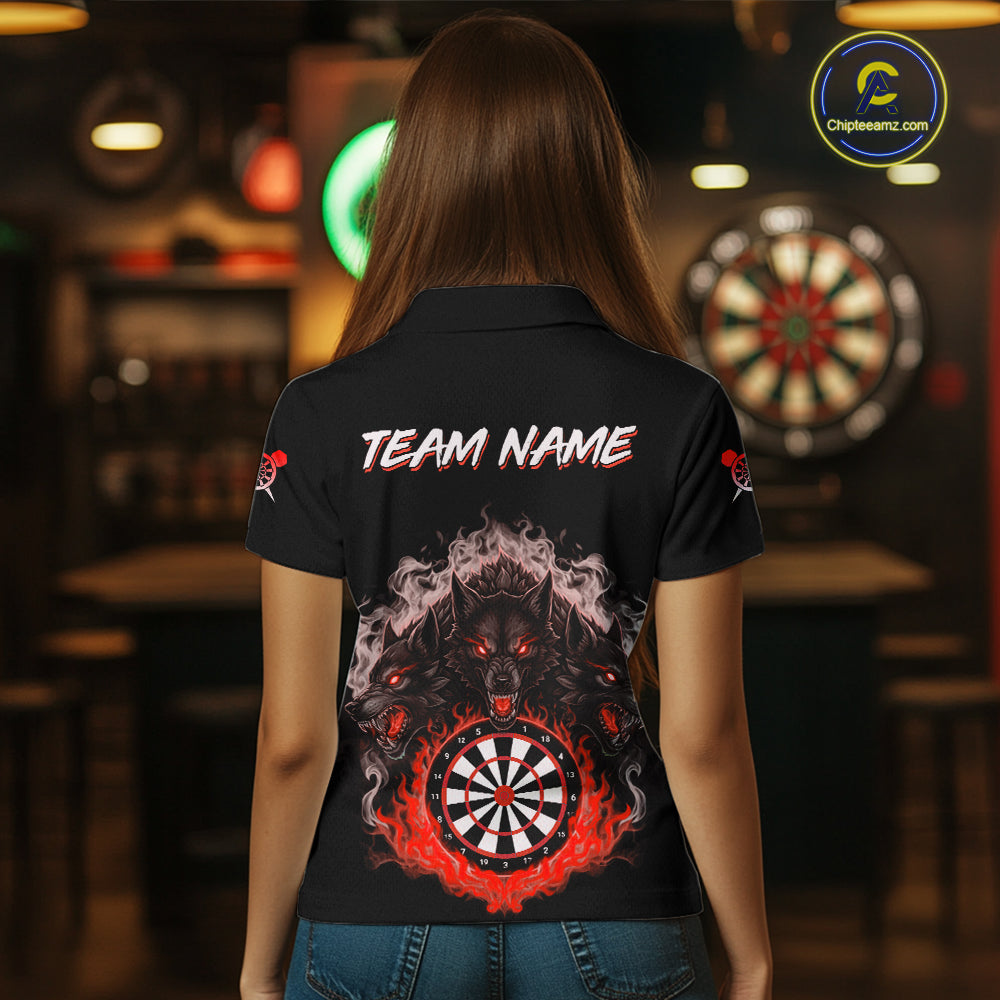 Grey And Red Flames Wolf Custom Women's Funny Dart Polo Shirts Team Dart League Jerseys NYN2081