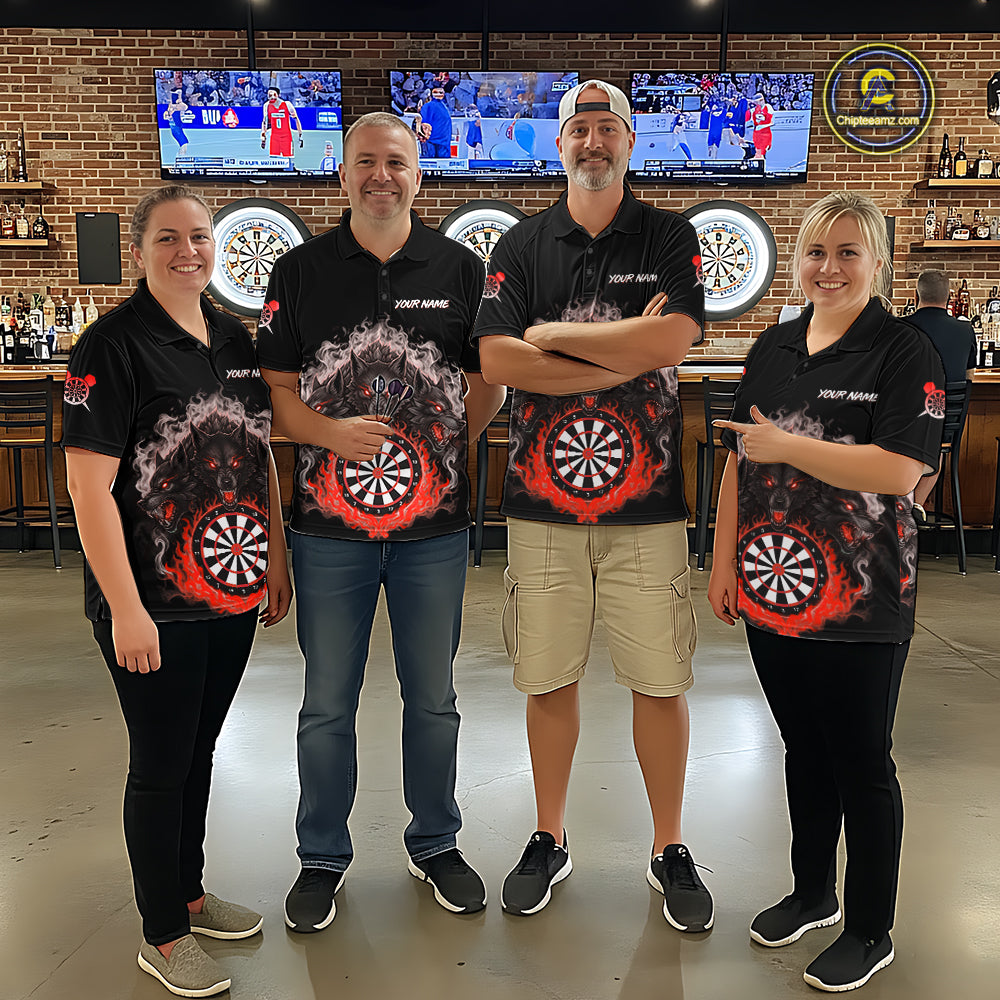 Grey And Red Flames Wolf Custom Women's Funny Dart Polo Shirts Team Dart League Jerseys NYN2081