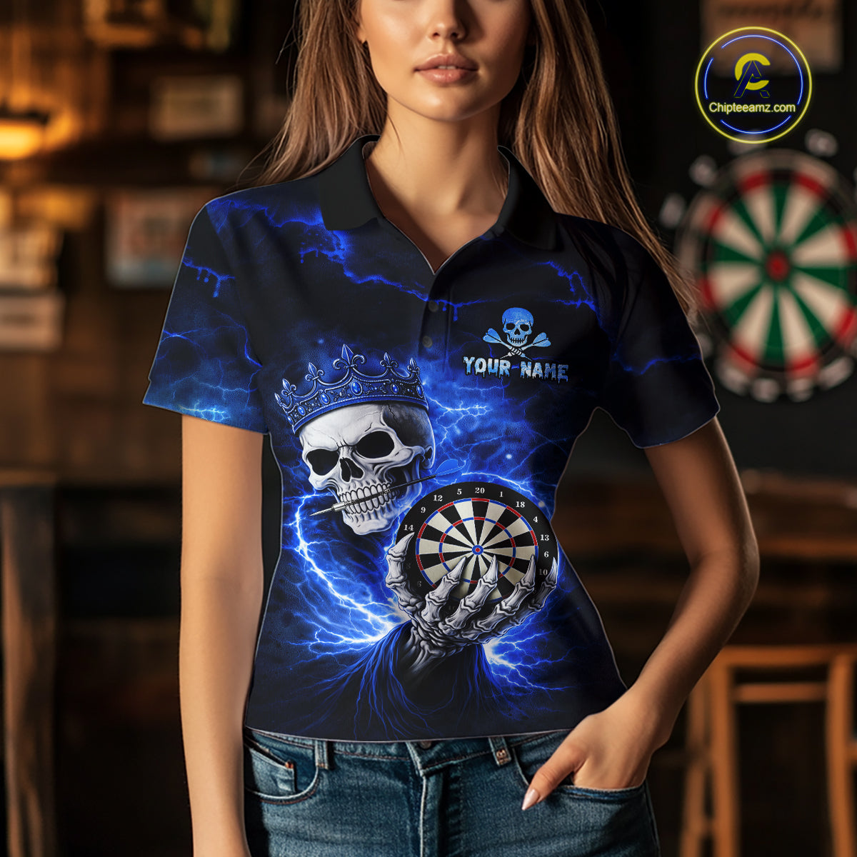 Black And Blue Thunder Crown Skull Dartboard Women Darts Polo Shirt Custom Darts Team Jersey NYN2608