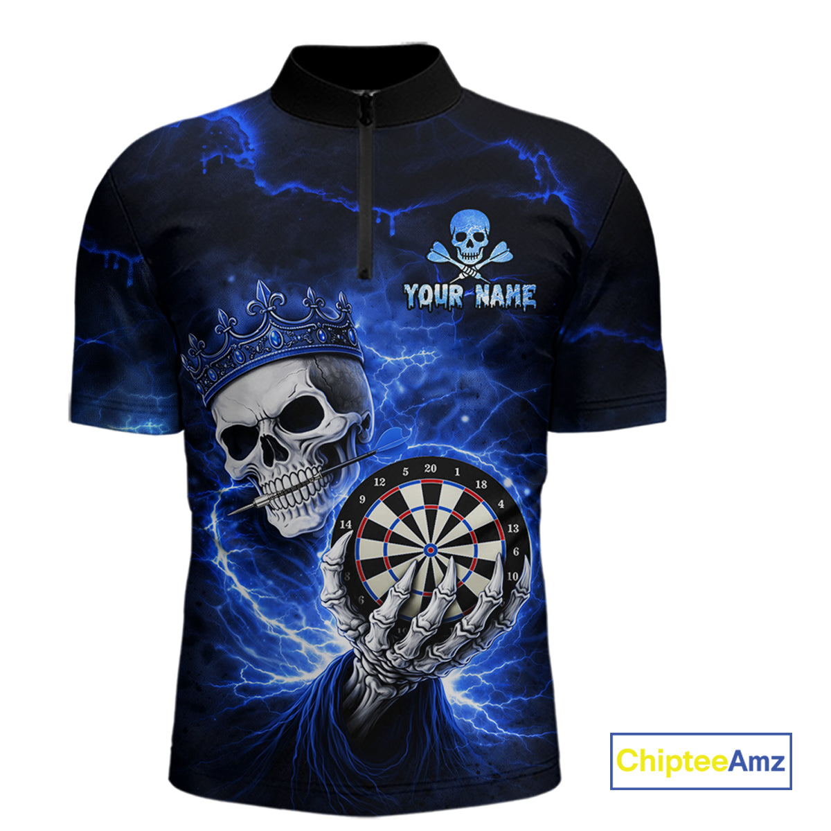 Black And Blue Thunder Crown Skull Dartboard Women Darts Quarter-Zip Shirt Custom Darts Team Jersey NYN2608
