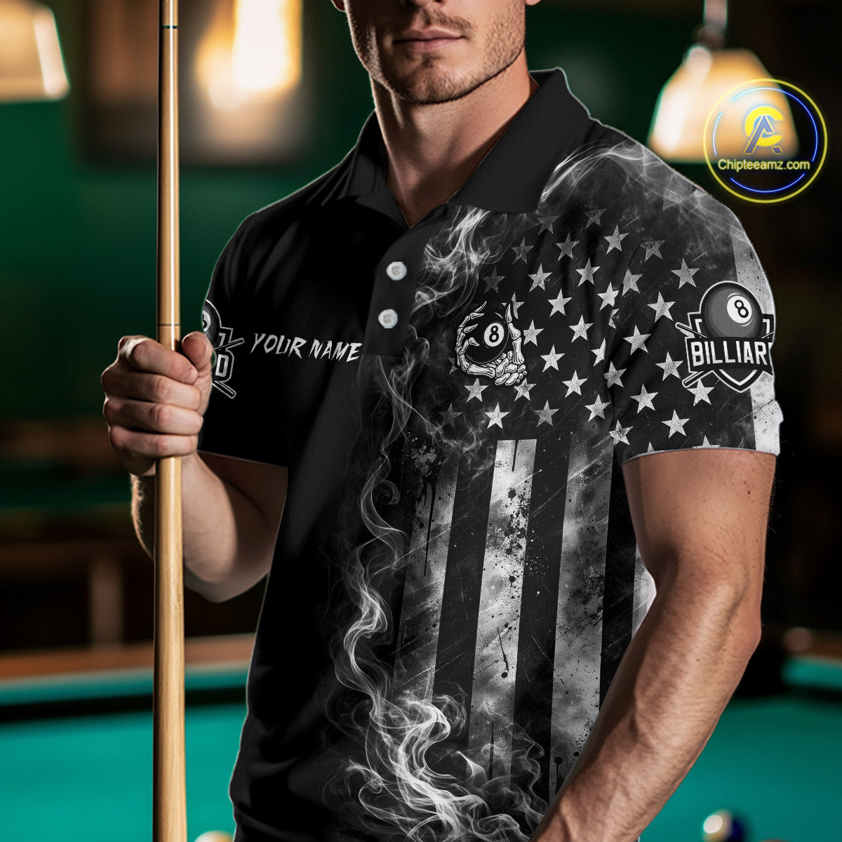 Grey Smokes American Flag 8 Ball Billiard Pool Shirt For Men Custom Billiard Skeleton Team Apparel NYN2764