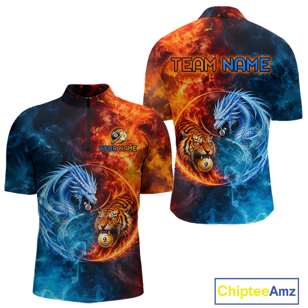 Dragon Tiger Men's Quarter-Zip Pool Shirt, Personalized Fire Water Billiards Jersey