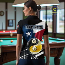 Load image into Gallery viewer, Female billiard player wearing Texas Yin Yang billiard jersey, representing balance, focus, confidence and championship mindset.