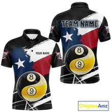 Load image into Gallery viewer, Men's billiard polo featuring Texas flag splash, Yin Yang symbol with 8 ball and 9 ball graphics, personalized performance apparel for APA leagues, Zen lifestyle enthusiasts and competitive pool players, symbolizing balance and precision.