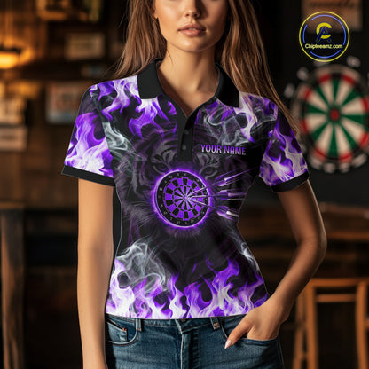 Purple Flaming Tiger Women Dart Polo Shirts Personalized Name & Team Fire Flame Dart Jerseys NYN2101
