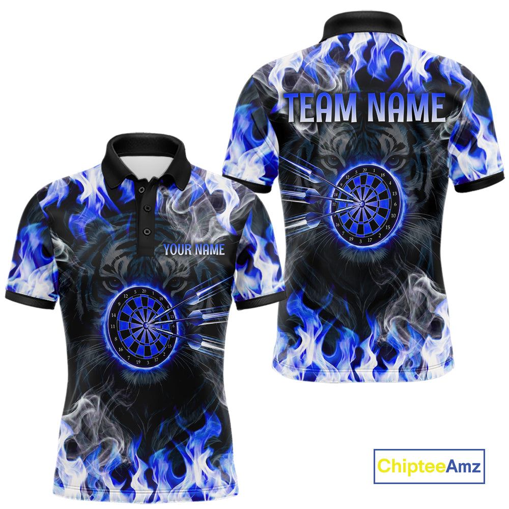 Blue Flaming Tiger Men Dart Polo Shirts Personalized Name & Team Fire Flame Dart Jerseys NYN2103