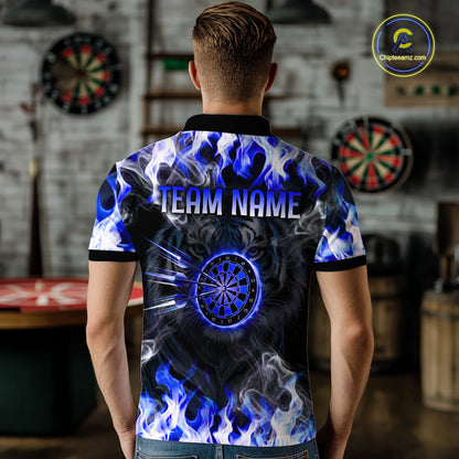 Blue Flaming Tiger Men Dart Polo Shirts Personalized Name & Team Fire Flame Dart Jerseys NYN2103