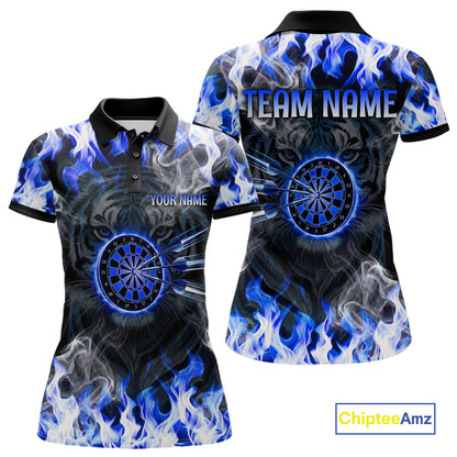 Blue Flaming Tiger Women Dart Polo Shirts Personalized Name & Team Fire Flame Dart Jerseys NYN2103