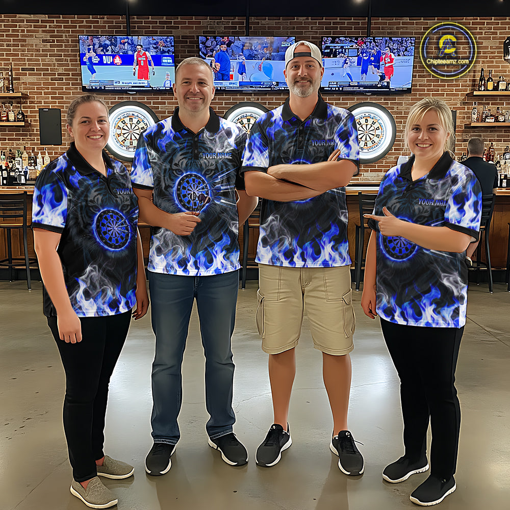 Blue Flaming Tiger Women Dart Polo Shirts Personalized Name & Team Fire Flame Dart Jerseys NYN2103
