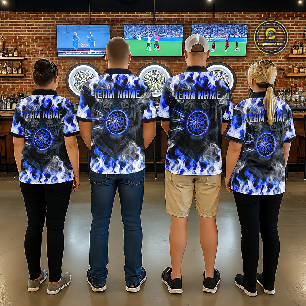 Blue Flaming Tiger Women Dart Polo Shirts Personalized Name & Team Fire Flame Dart Jerseys NYN2103