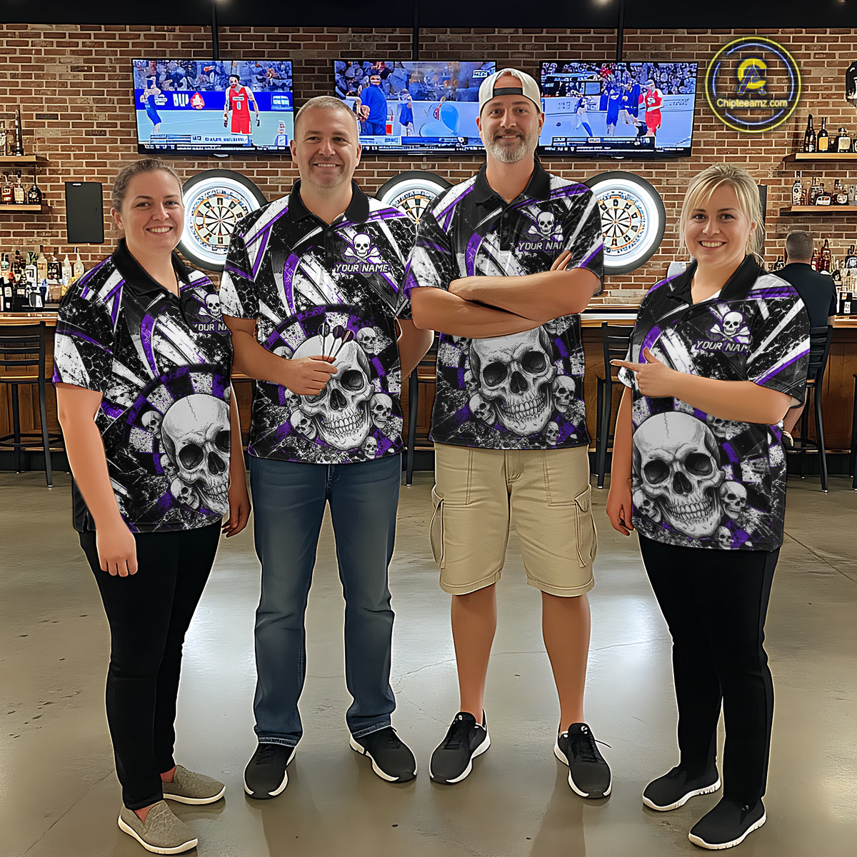 Black & Purple Dartboard Grunge Men Darts Polo Shirts Custom Multi-Skull Dart Team Jerseys NYN2350