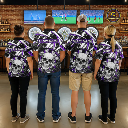 Black & Purple Dartboard Grunge Men Darts Polo Shirts Custom Multi-Skull Dart Team Jerseys NYN2350