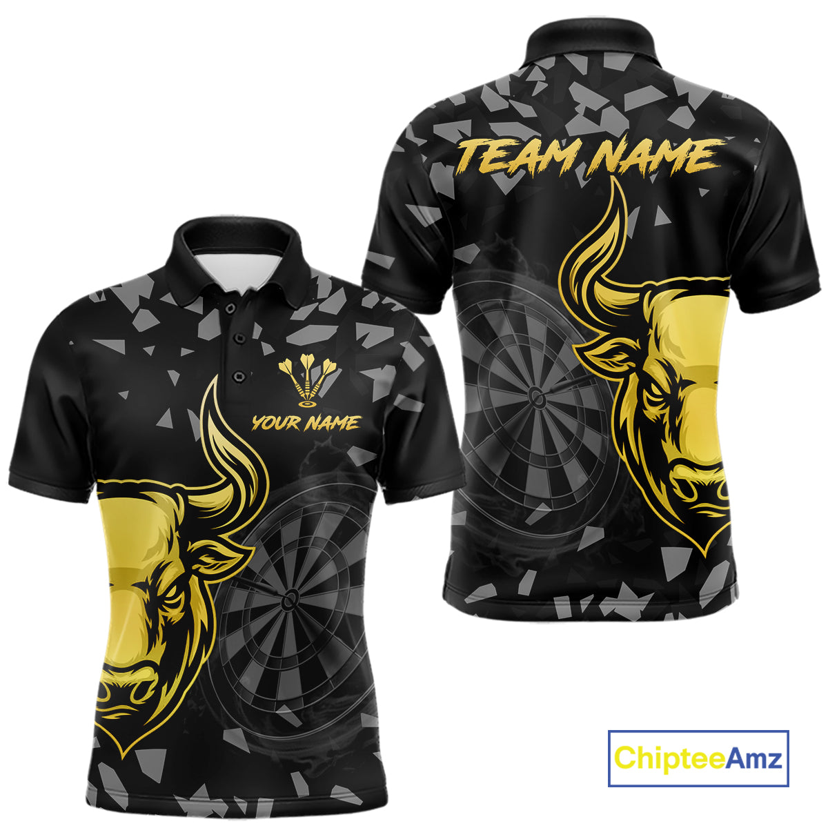 Bull & Dartboard Custom Grunge Men's Darts Polo Shirt Yellow Darts Team Jersey NYN2352