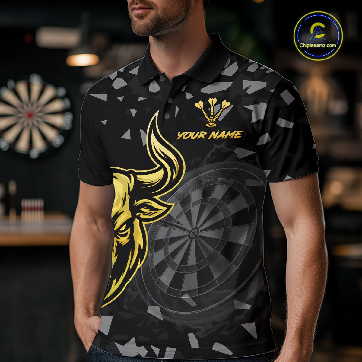 Bull & Dartboard Custom Grunge Men's Darts Polo Shirt Yellow Darts Team Jersey NYN2352