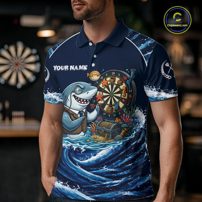 Blue Waving Funny Shark Play Darts Polo & 1/4-Zip Shirt For Men Custom Name Dart Jersey For Darters NYN2977
