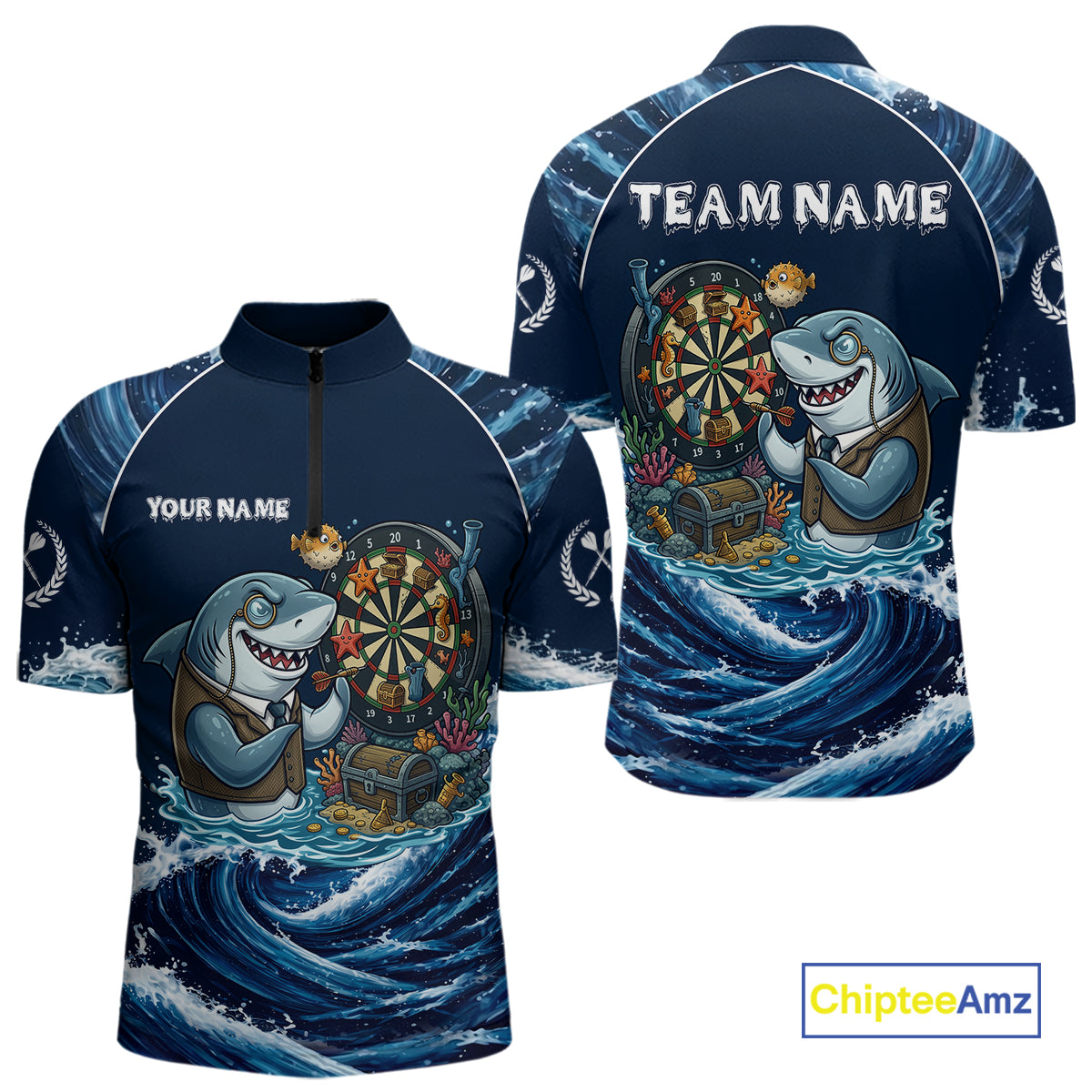 Blue Waving Funny Shark Play Darts Polo & 1/4-Zip Shirt For Men Custom Name Dart Jersey For Darters NYN2977
