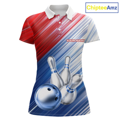 Red And Blue Strike Bowling Shirt For Women Custom Polo Quarter-Zip Bowling Team Jersey NYN3679