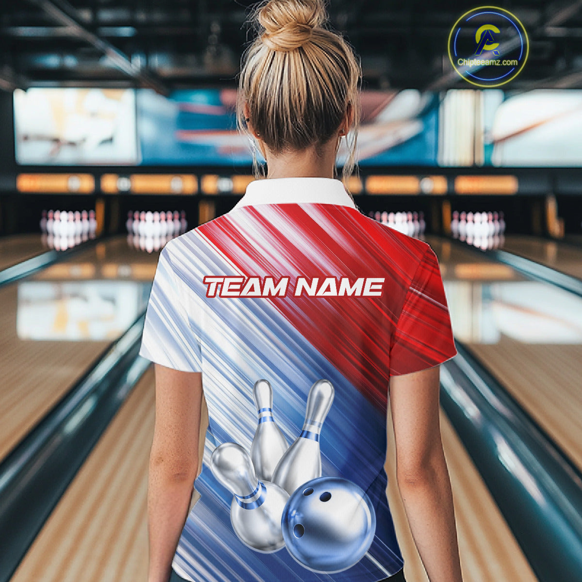 Red And Blue Strike Bowling Shirt For Women Custom Polo Quarter-Zip Bowling Team Jersey NYN3679