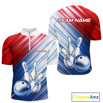 Red And Blue Strike Bowling Shirt For Men Custom Polo Quarter-Zip Bowling Team Jersey NYN3679