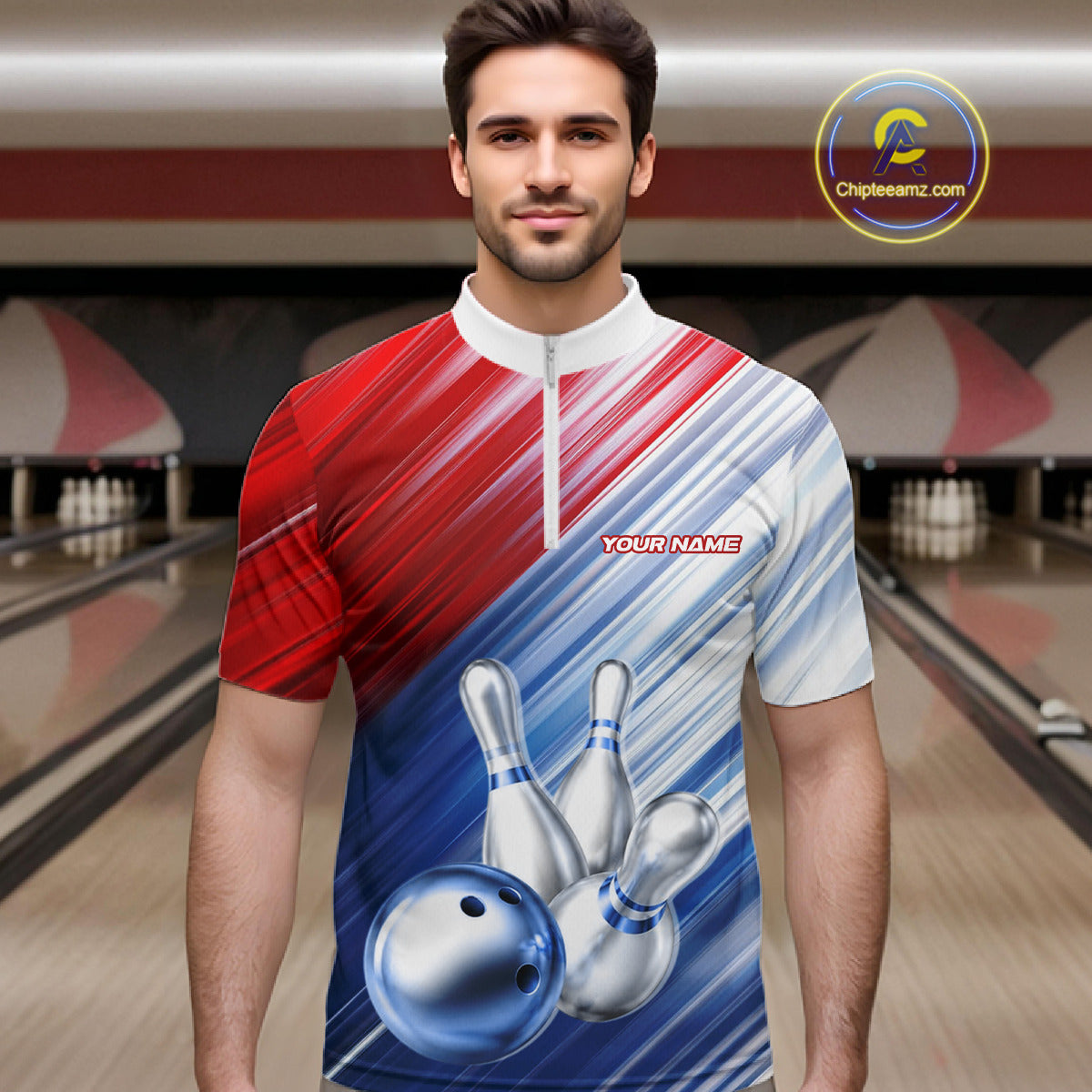 Red And Blue Strike Bowling Shirt For Men Custom Polo Quarter-Zip Bowling Team Jersey NYN3679
