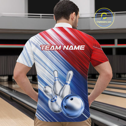 Red And Blue Strike Bowling Shirt For Men Custom Polo Quarter-Zip Bowling Team Jersey NYN3679
