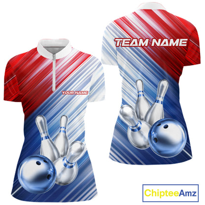 Red And Blue Strike Bowling Shirt For Women Custom Polo Quarter-Zip Bowling Team Jersey NYN3679