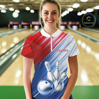 Red And Blue Strike Bowling Shirt For Women Custom Polo Quarter-Zip Bowling Team Jersey NYN3679