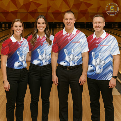 Red And Blue Strike Bowling Shirt For Men Custom Polo Quarter-Zip Bowling Team Jersey NYN3679