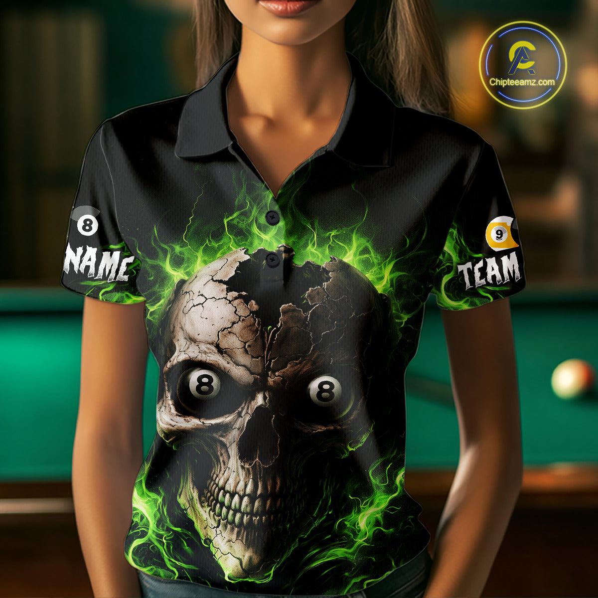 Green Flaming Cracked Skull 8 Ball & 9 Ball Pool Billiard Shirt For Women Custom Billiard Apparel NYN2635