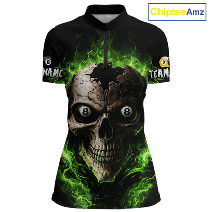 Green Flaming Cracked Skull 8 Ball & 9 Ball Pool Billiard Shirt For Women Custom Billiard Apparel NYN2635