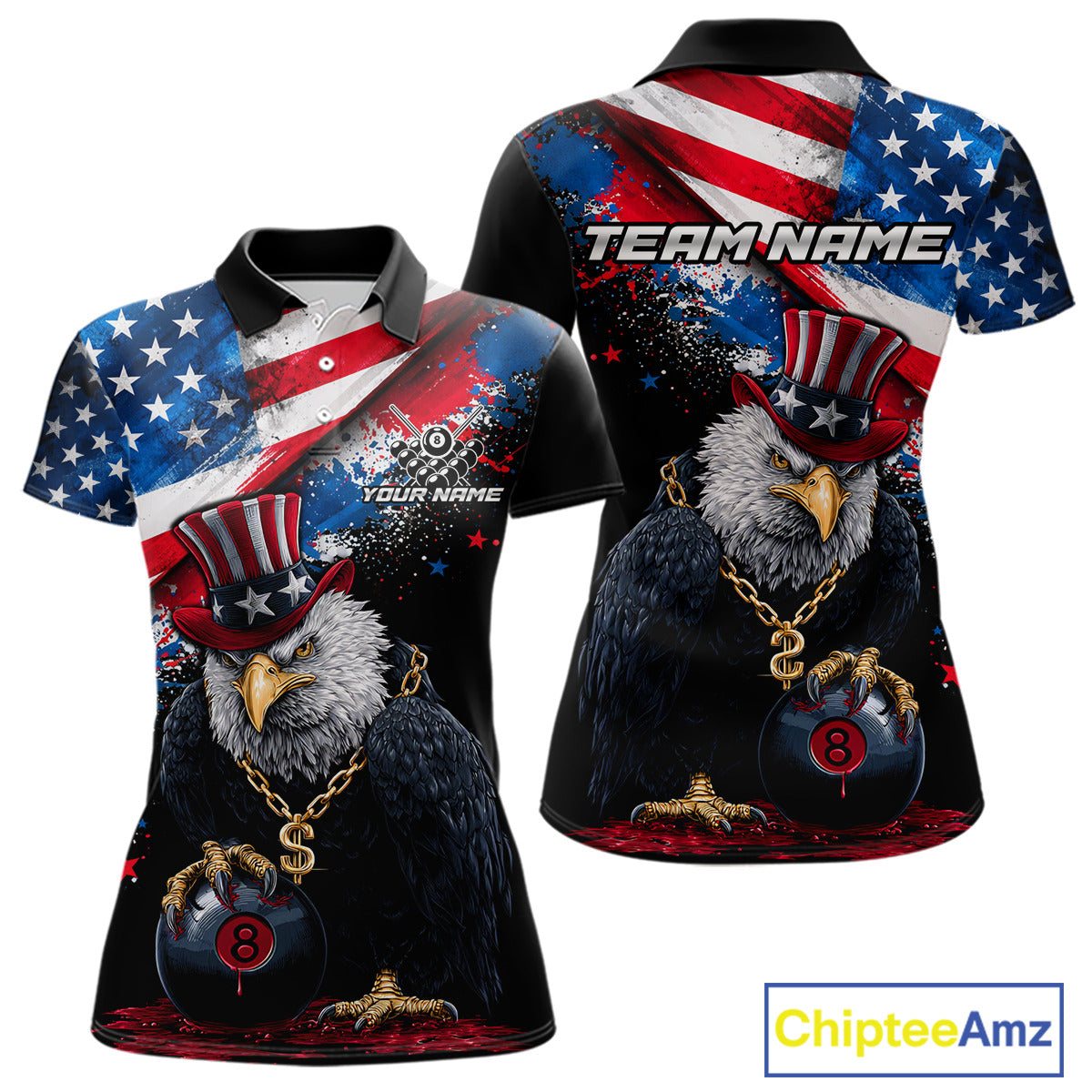 Custom American Flag Splatter Eagle 8 Ball Pool Billiard Shirts For Women Patriotic Billiard Team Jersey NYN2778