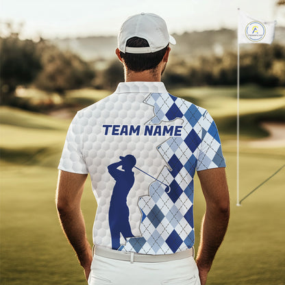 Custom Argyle Pattern Golf Polo Shirts For Men, Blue Argyle Golf Ball White Golf Clothing Shirts NYN2990
