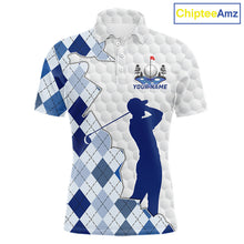 Load image into Gallery viewer, Custom Argyle Pattern Golf Polo Shirts For Men, Blue Argyle Golf Ball White Golf Clothing Shirts NYN2990