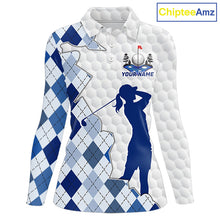 Load image into Gallery viewer, Custom Argyle Pattern Golf Polo Shirts For Women, Blue Argyle Golf Ball White Golf Clothing Shirts NYN2990