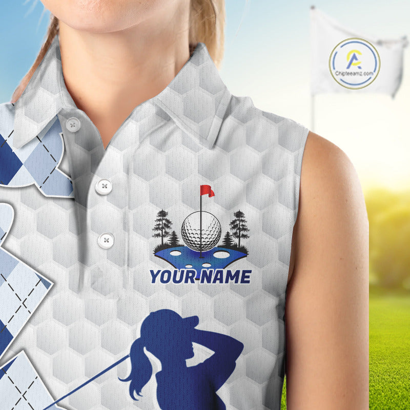 Custom Argyle Pattern Golf Sleeveless Polo Shirts For Women, Blue Argyle Golf Ball White Golf Clothing Shirts NYN2990