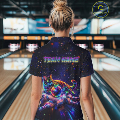 Funny Cat Bowling Polo Quarter-Zip Shirts For Women Custom Colorful Bowling Galaxy Team Jerseys NYN3417