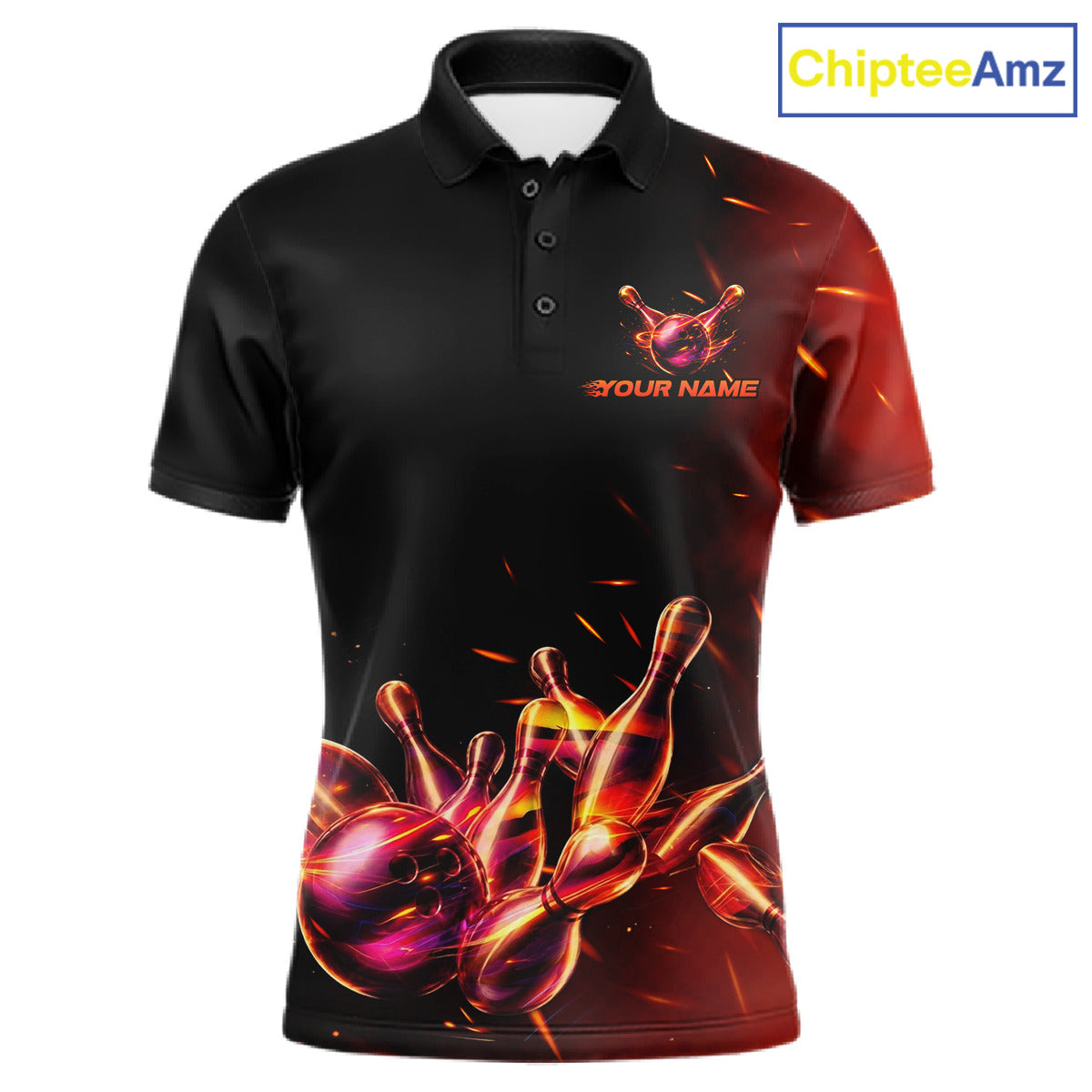 Men's bowling polo featuring flaming bowling ball and pins artwork, personalized bowling tournament shirt for fire lovers, racing enthusiasts and action sports fans, symbolizing passion, courage, energy and unstoppable momentum.