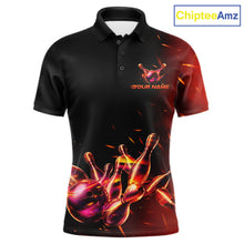 Load image into Gallery viewer, Men's bowling polo featuring flaming bowling ball and pins artwork, personalized bowling tournament shirt for fire lovers, racing enthusiasts and action sports fans, symbolizing passion, courage, energy and unstoppable momentum.