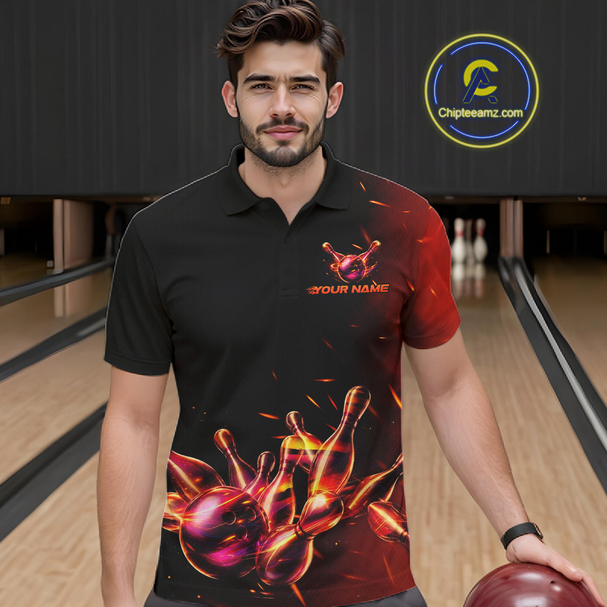 Male bowler wearing fire flame bowling jersey during championship finals, premium sportswear representing leadership, power and passion.