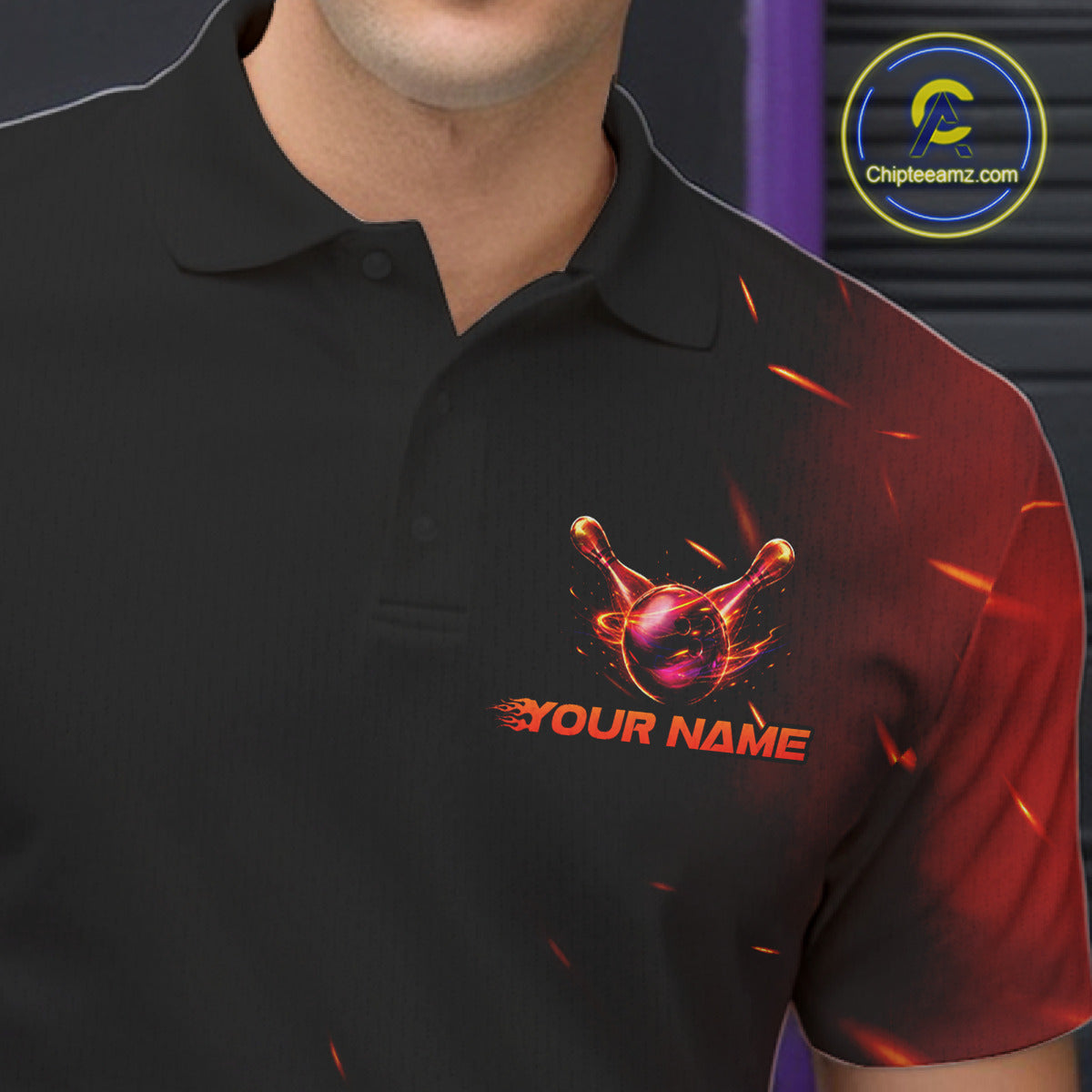 Male bowler wearing fire flame bowling jersey during championship finals, premium sportswear representing leadership, power and passion.