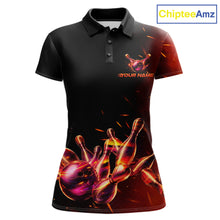 Load image into Gallery viewer, Women's bowling polo featuring flaming bowling ball and pins, personalized bowling tournament apparel for fire lovers, motorsport fans and competitive bowlers, symbolizing passion, courage, energy and victory.