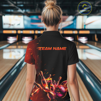 Female bowler wearing fire flame bowling jersey during tournament competition, personalized apparel symbolizing energy, resilience and confidence.