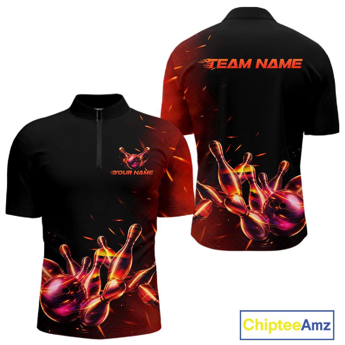 Men's quarter-zip bowling jersey featuring fire flame bowling artwork, moisture-wicking bowling apparel symbolizing strength, determination and victory.