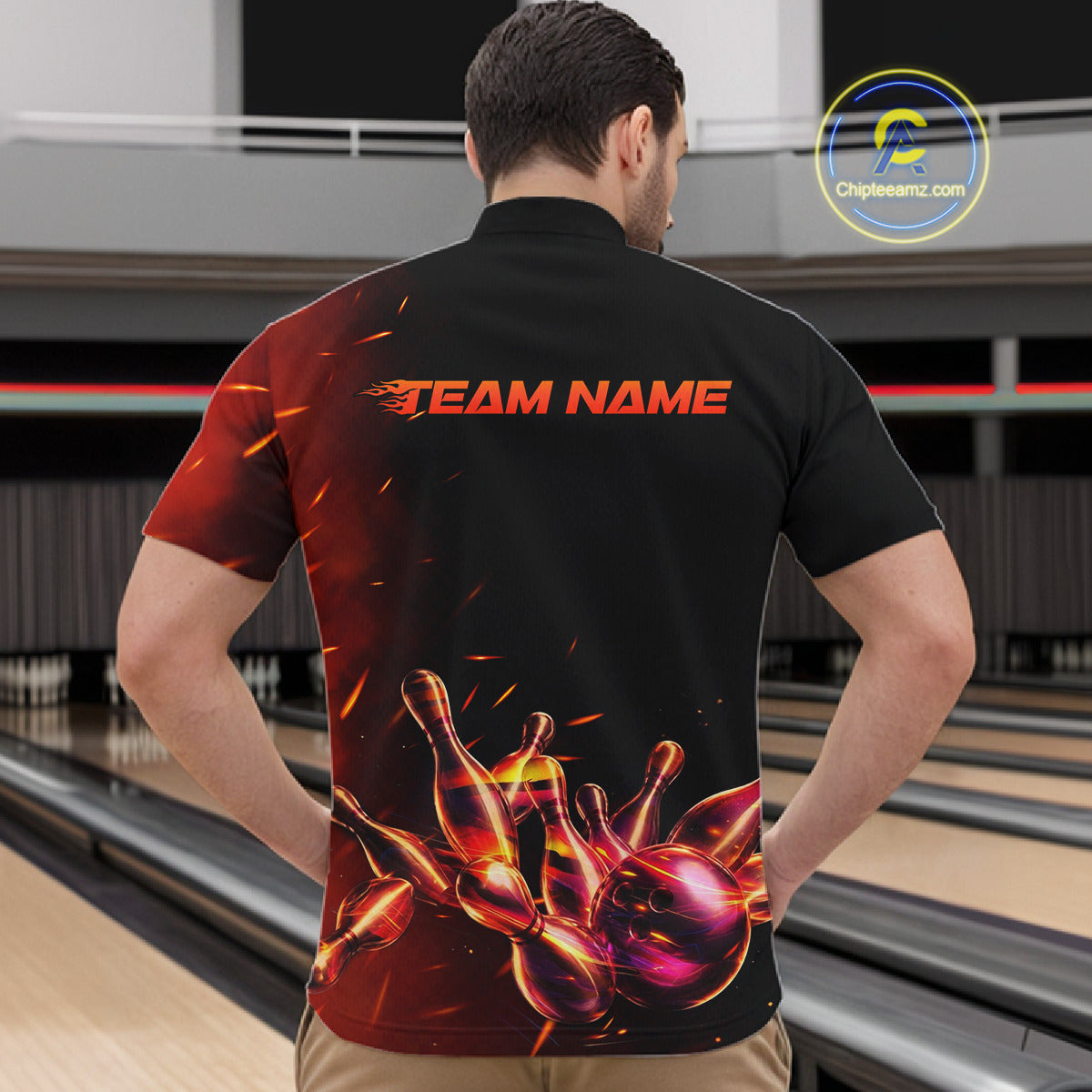 Male bowler wearing fire flame bowling jersey during championship finals, premium sportswear representing leadership, power and passion.